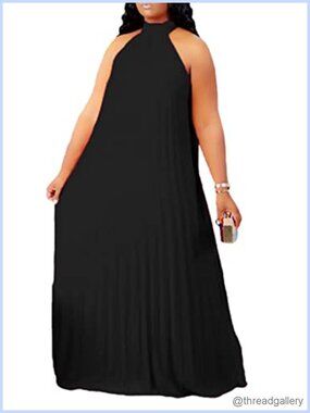 Plus Size Chiffon Halter Maxi Dress Sleeveless Pleated A-Line Summer Beach